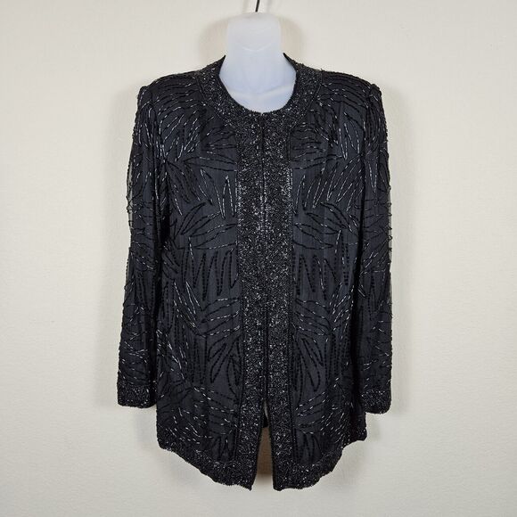 Vintage Beaded Silk Jacket Duster Coat Large Elegant Black Party Wedding Blazer - Picture 2 of 16